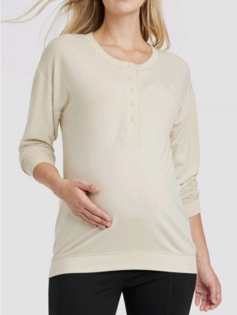 Ingrid & Isabel Maternity Shirt Beige Long Sleeve Henley Beyond Top, Size M
